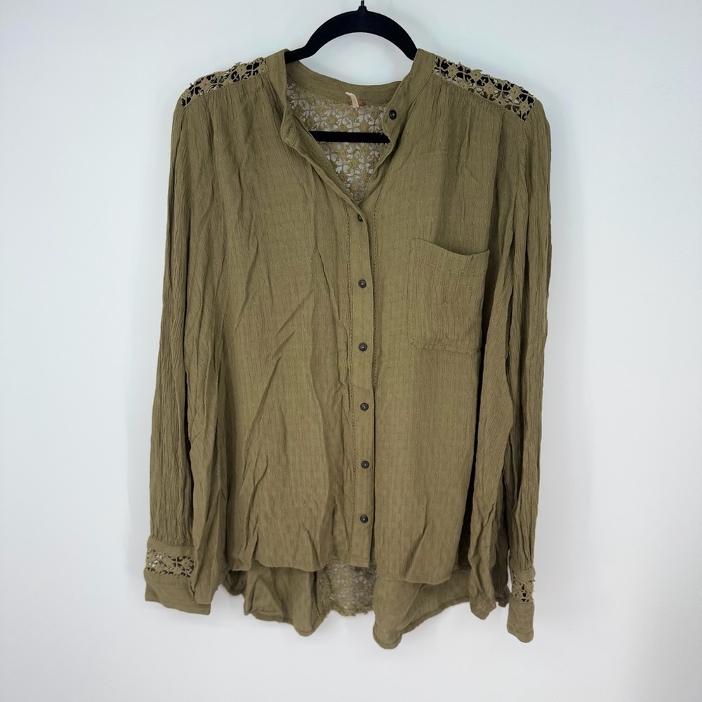 Free People Olive Lace Back Long Sleeve Button Up Front Pocket Blouse